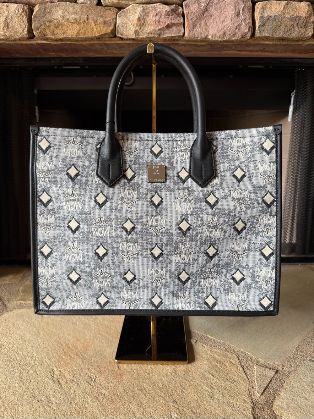 MCM Monogram Jacquard Tote in Grey and Black